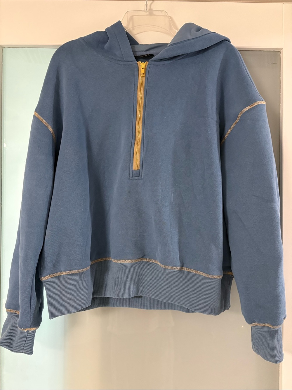 Blue Hooded Half-Zip Sweatshirt with Gold Zip